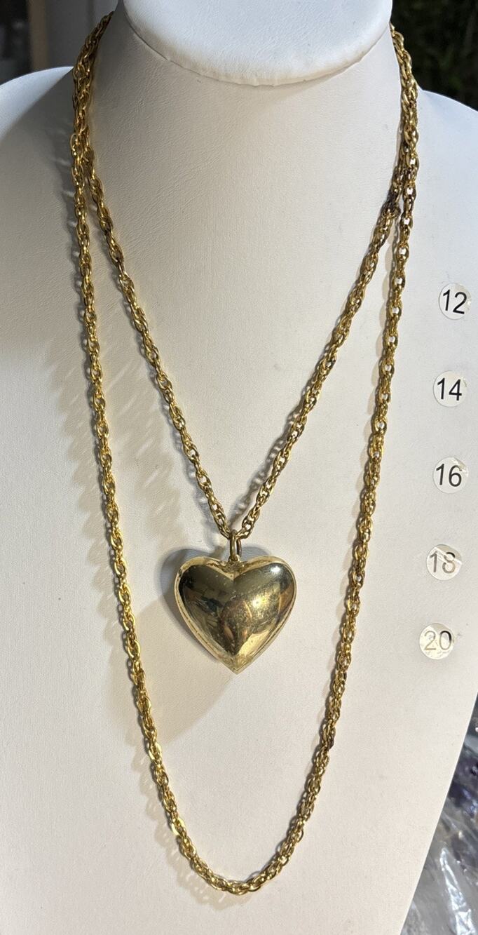 Gold Tone Puffed Heart Pendant Necklace Long Twisted Link Chain
